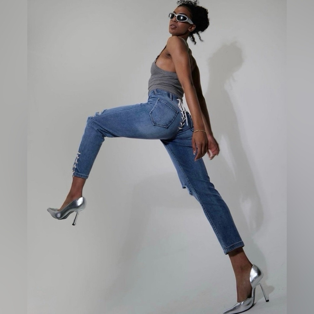 Y2K Lace Up Back Denim Jeans Adjustable Waist Festival Streetwear Sz 4